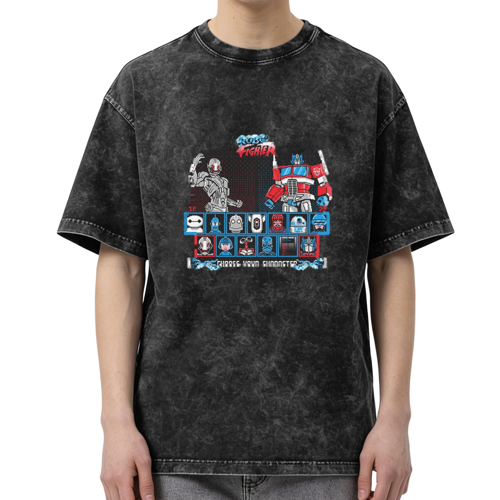 Vintage Washed Black T-Shirt with Robot Fighter Character Select Graphic Design