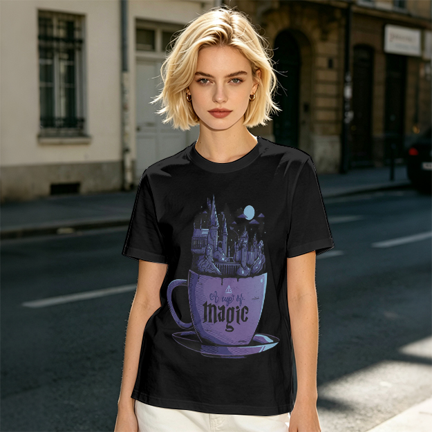 Olive T-Shirt With Teacup Holding Magical Castle Artwork