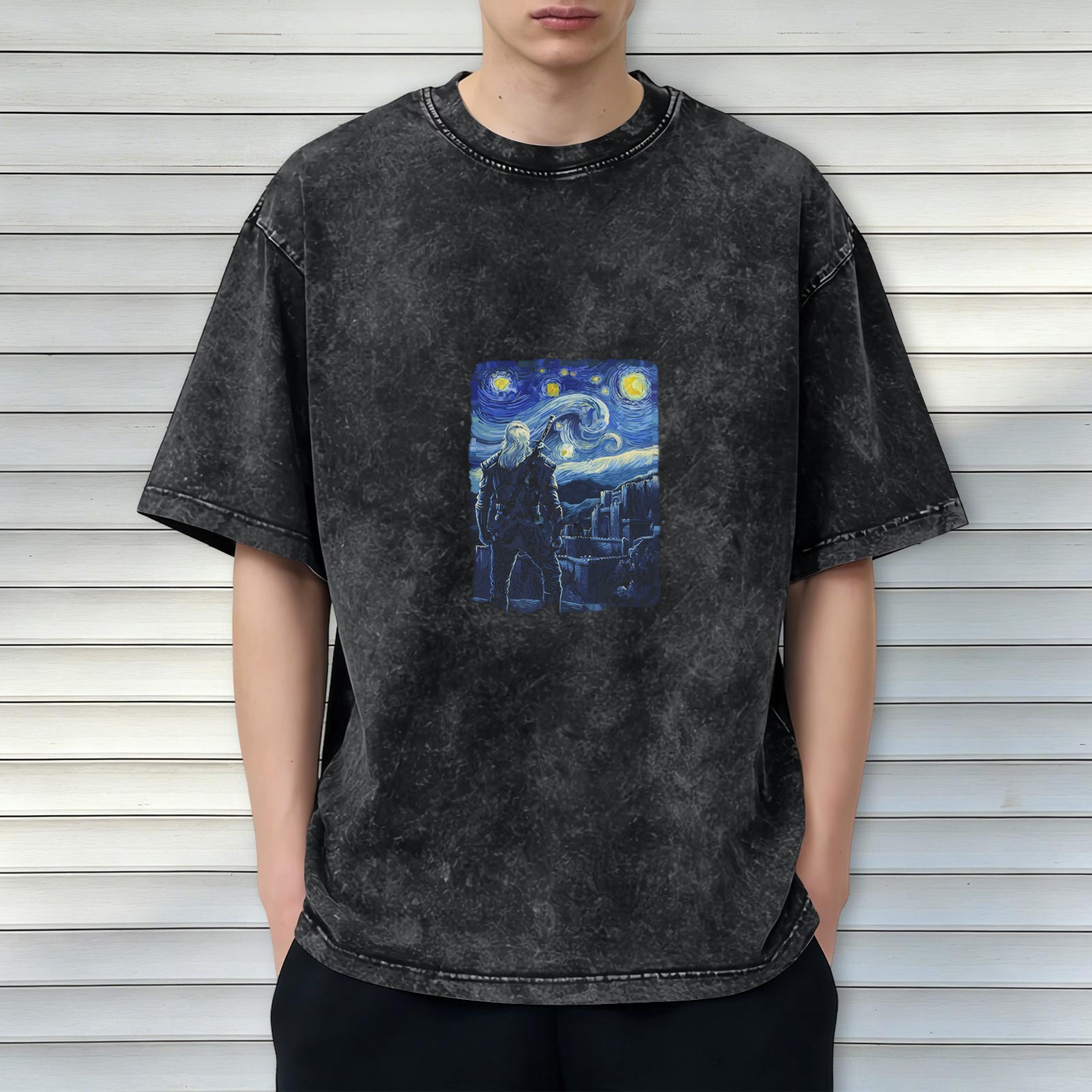 Distressed washed black round neck short-sleeved T-shirt Van Gogh starry night theme print loose casual top