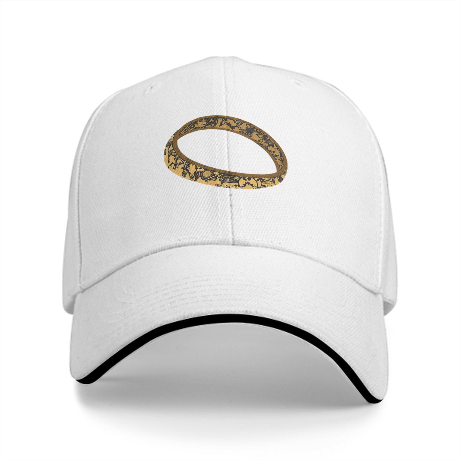 Black Baseball Cap with Distressed Gold Ring Graphic
