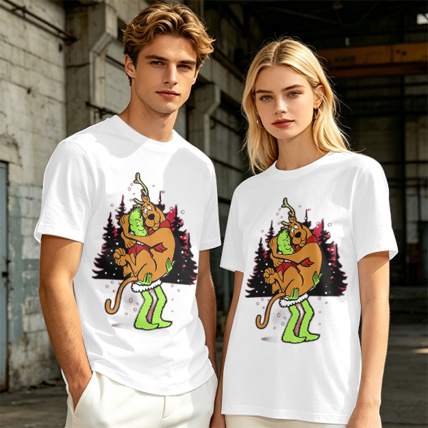 Olive Christmas T-Shirt Featuring Scooby-Doo Hugging The Grinch