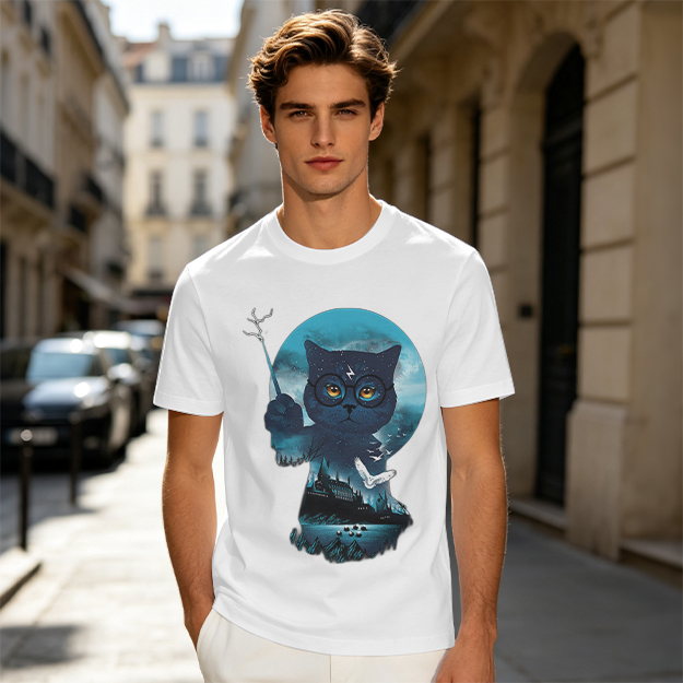 Olive T-shirt with Harry Potter themed wizard cat graphic