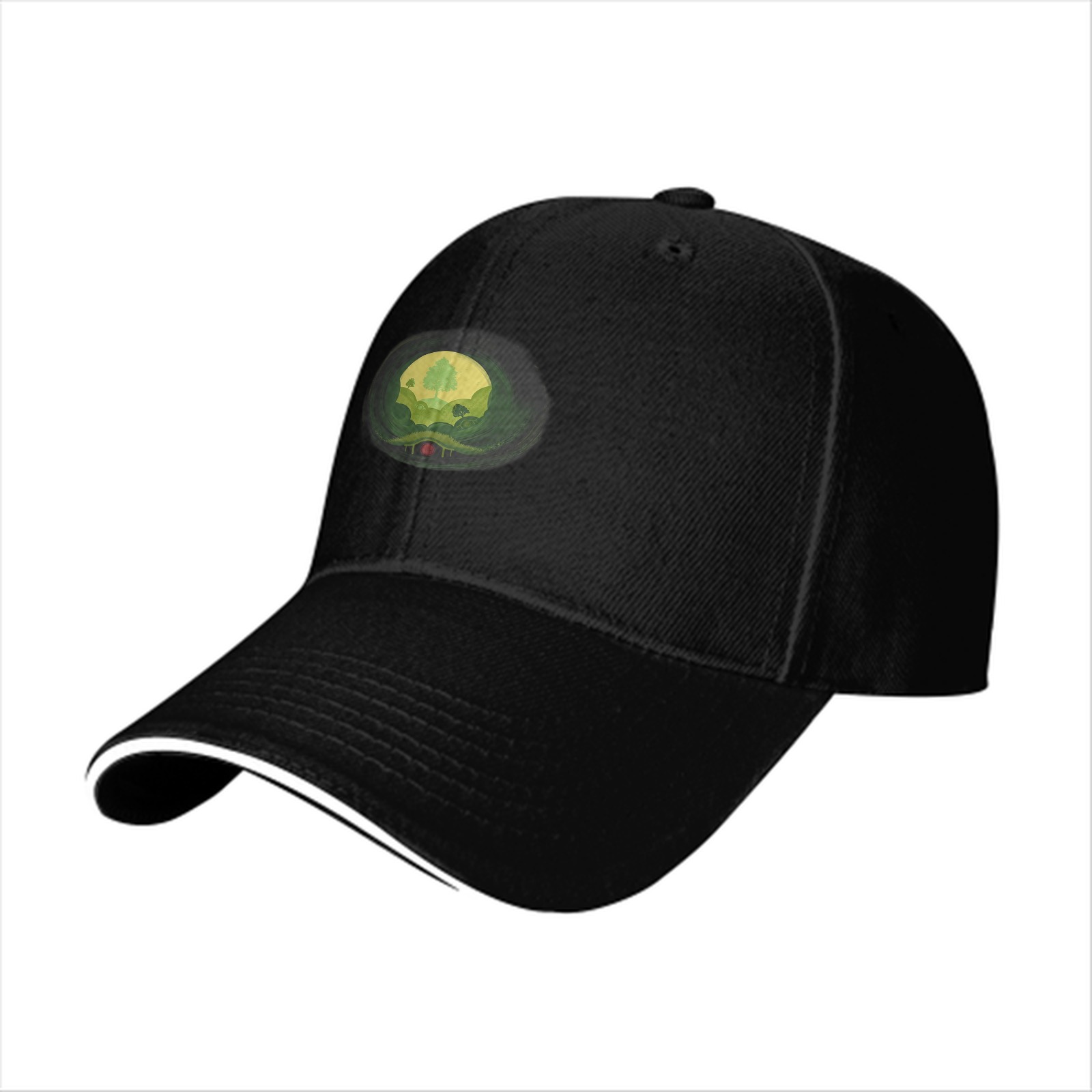 Black Baseball Cap With Nature Landscape Graphic Print
