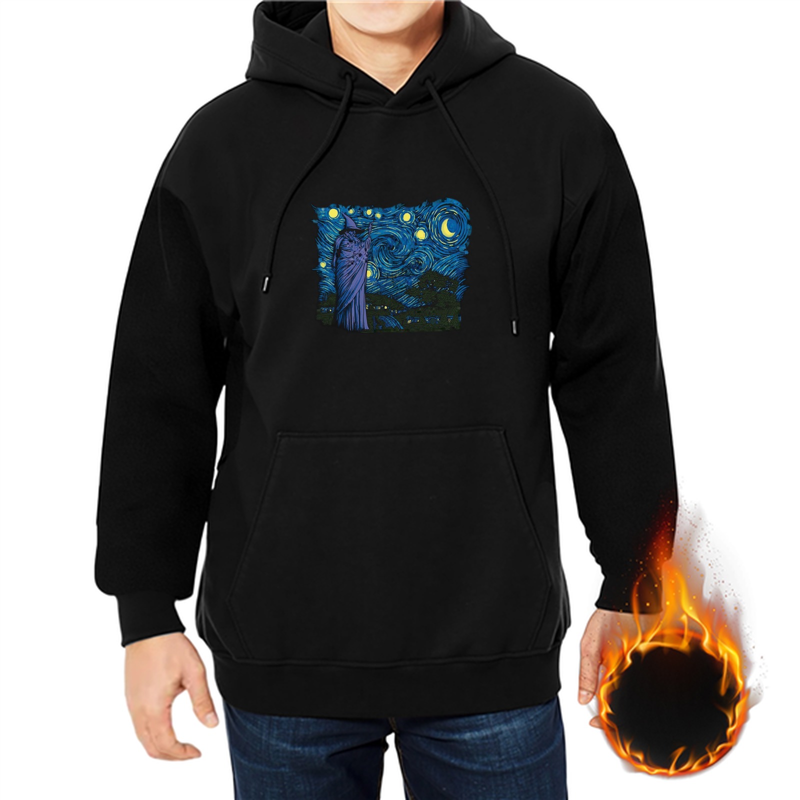 Black hoodie with Starry Night style wizard graphic print