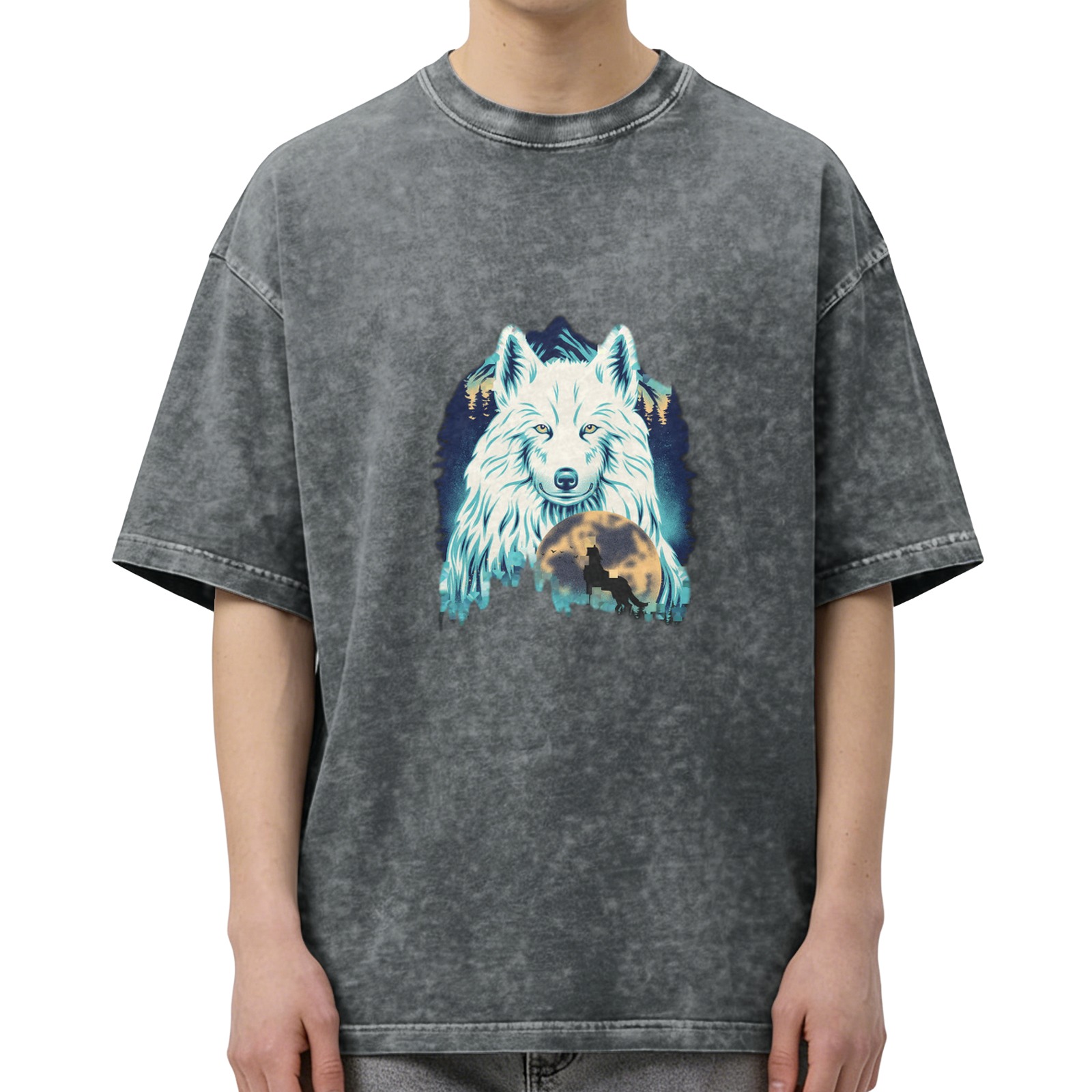Oversized Dark Wash T-Shirt With White Wolf And Moon Graphic