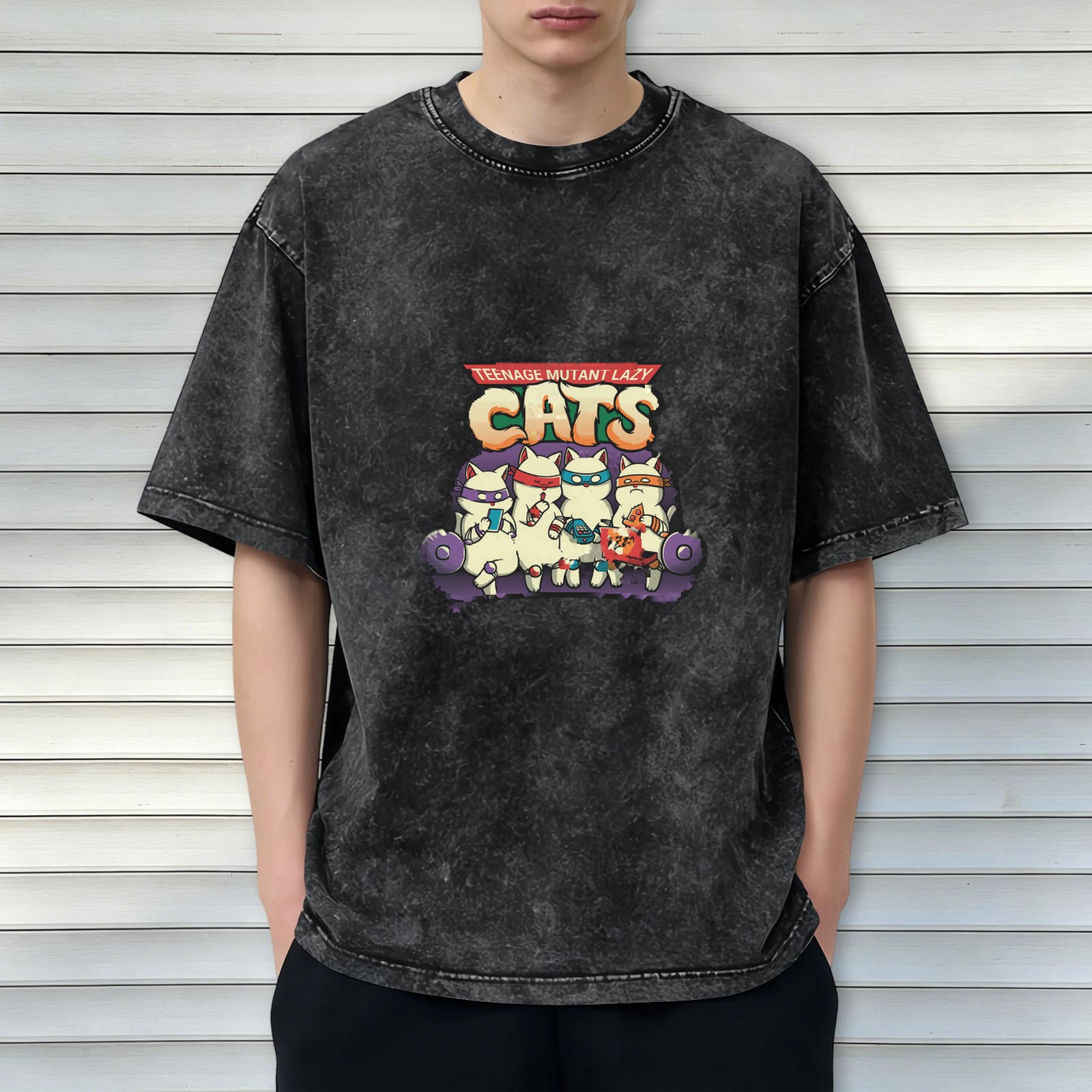 Teenage Mutant Lazy Cats Graphic Stonewashed Black T-Shirt
