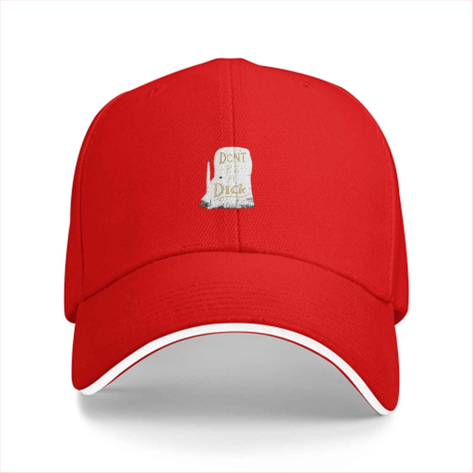 Black baseball cap with humorous tombstone graphic print