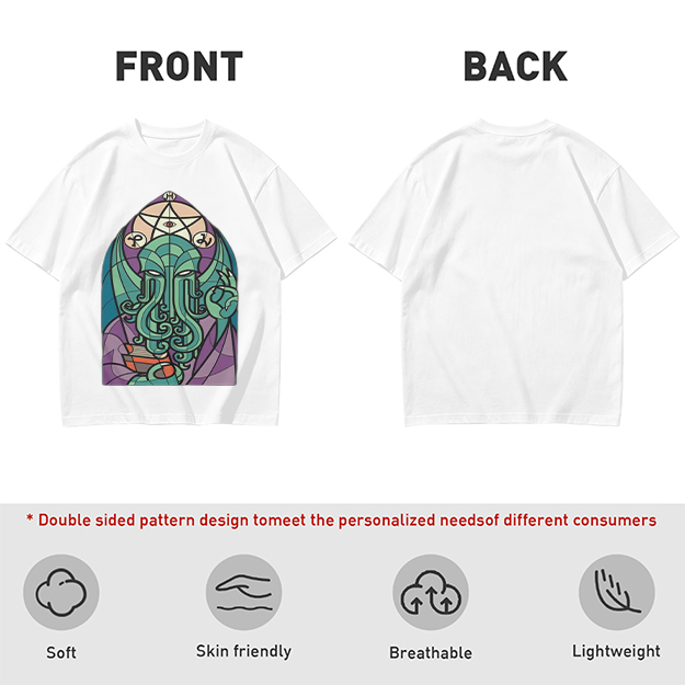 Olive T-Shirt with Stained Glass Style Cthulhu Occult Print