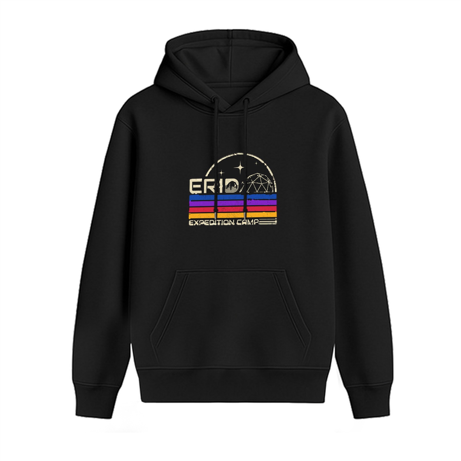 Black hoodie with retro ERID Expedition Camp space graphic