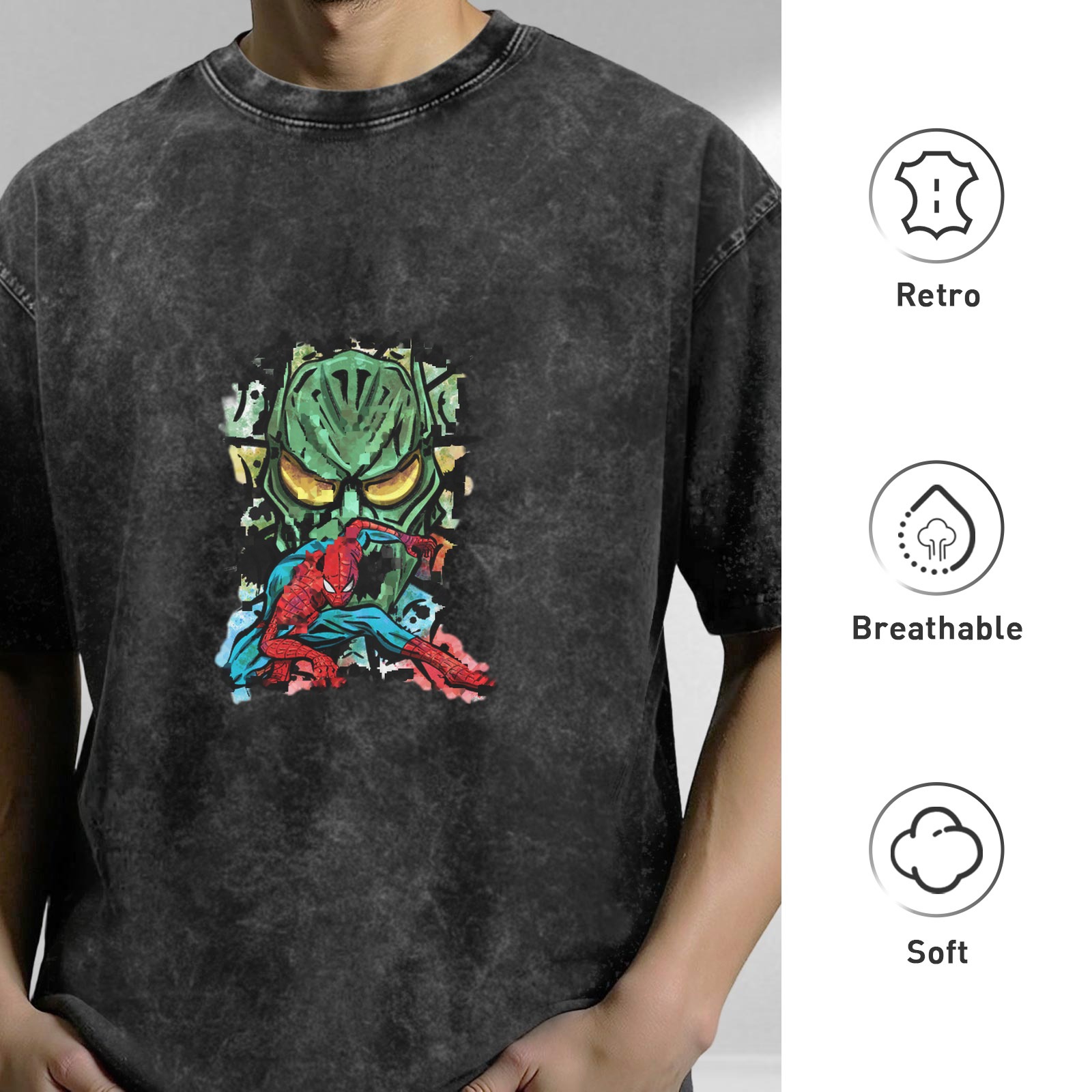 Oversized Acid Wash T-Shirt with Spider-Man vs Green Goblin Art