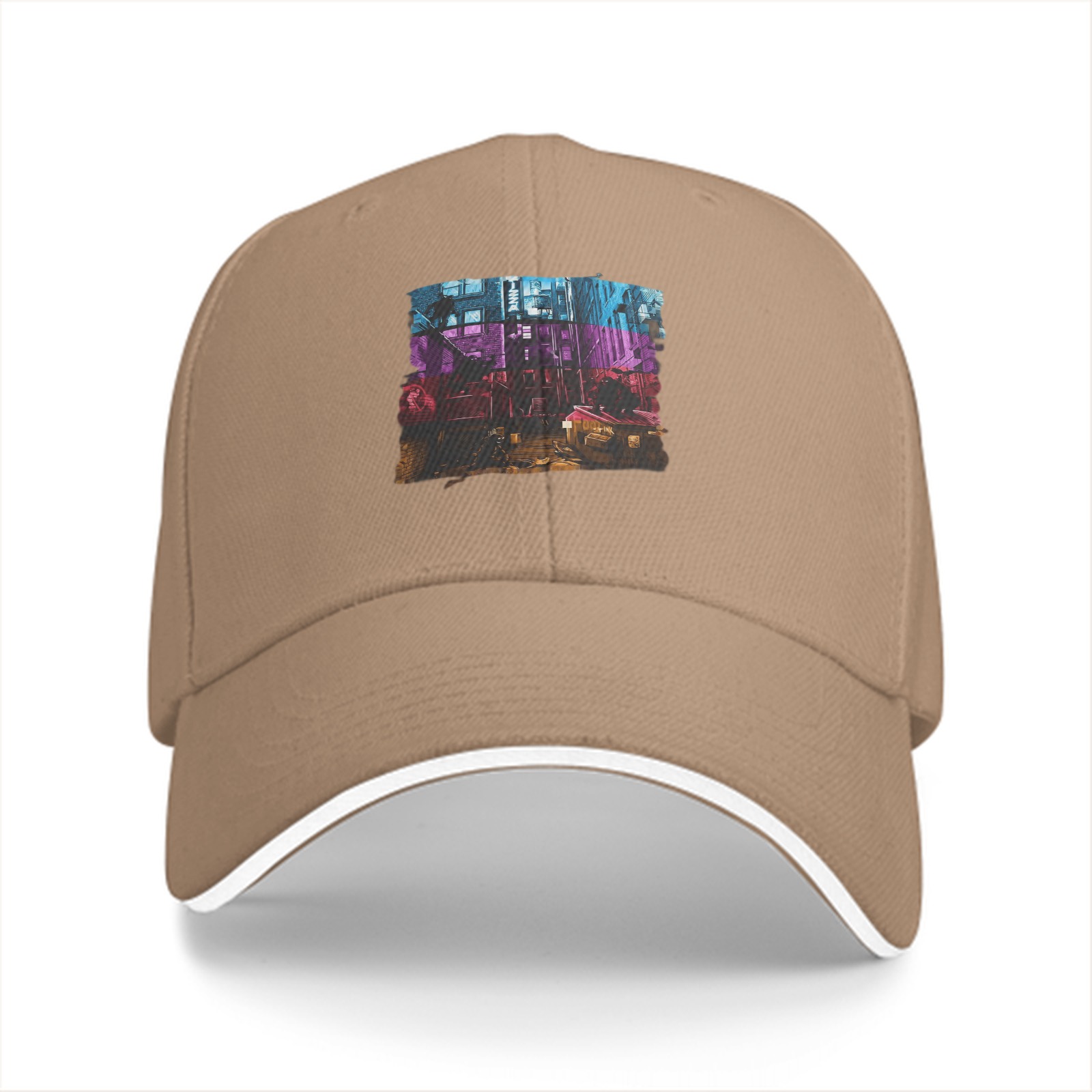 Black Baseball Cap with Neon Cyberpunk Cityscape Graphic