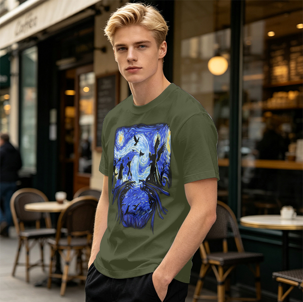 Olive T-Shirt with Starry Night Style Fantasy Art Print
