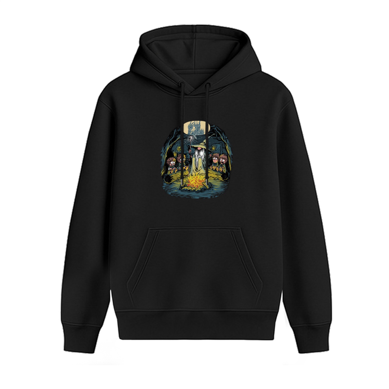 Black Hoodie with Fantasy Campfire Wizard and Characters Graphic