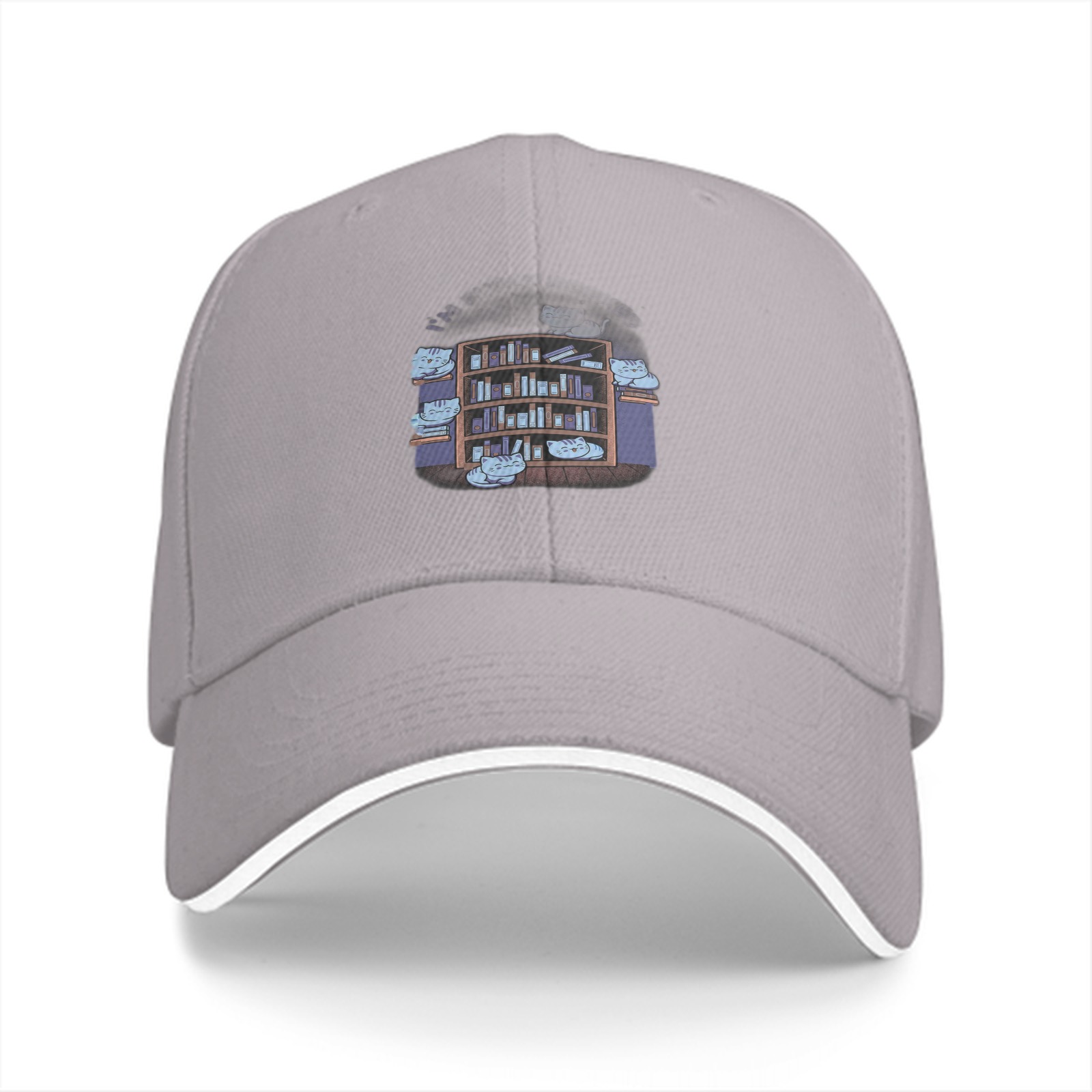 Black baseball cap with cute cats on bookshelf graphic