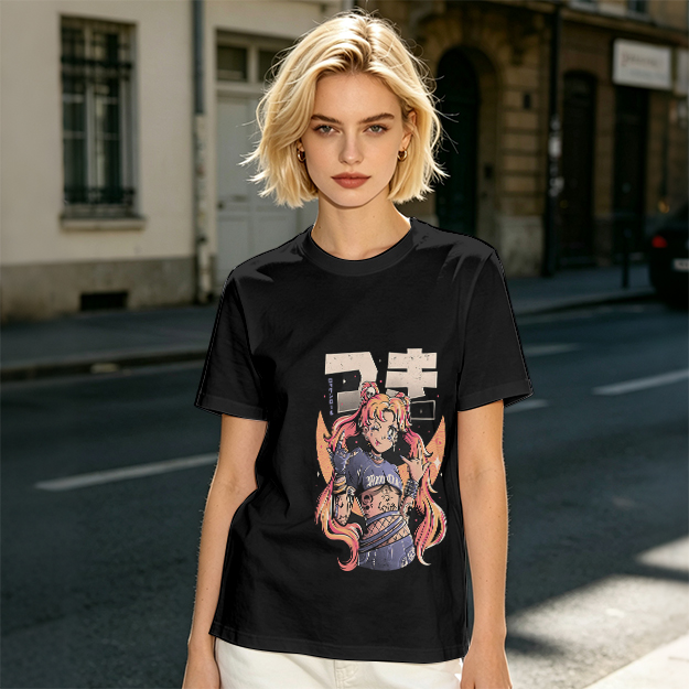 Olive Anime Girl Graphic Short Sleeve T-Shirt