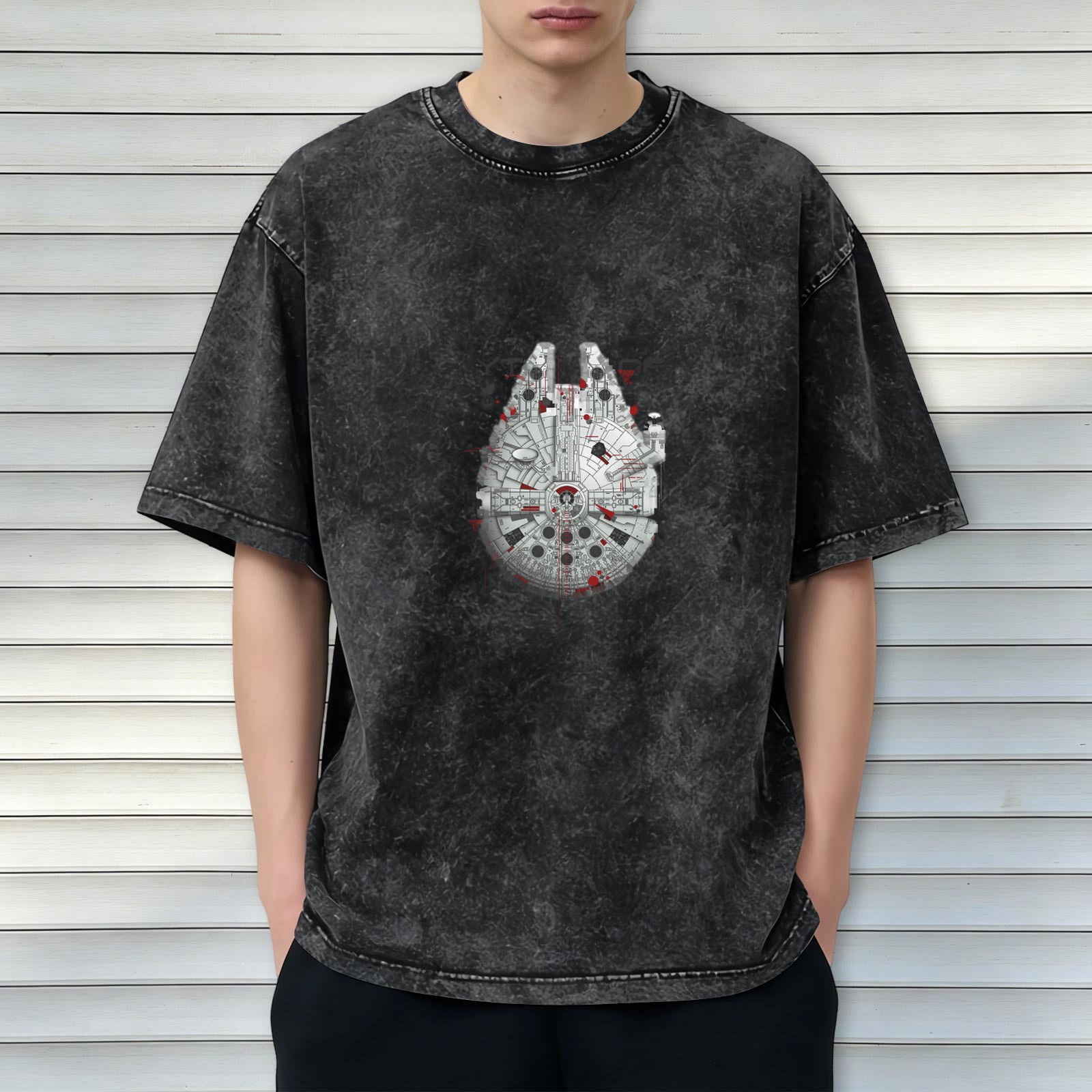 Distressed black short-sleeved T-shirt Star Wars Millennium Falcon pattern casual loose style