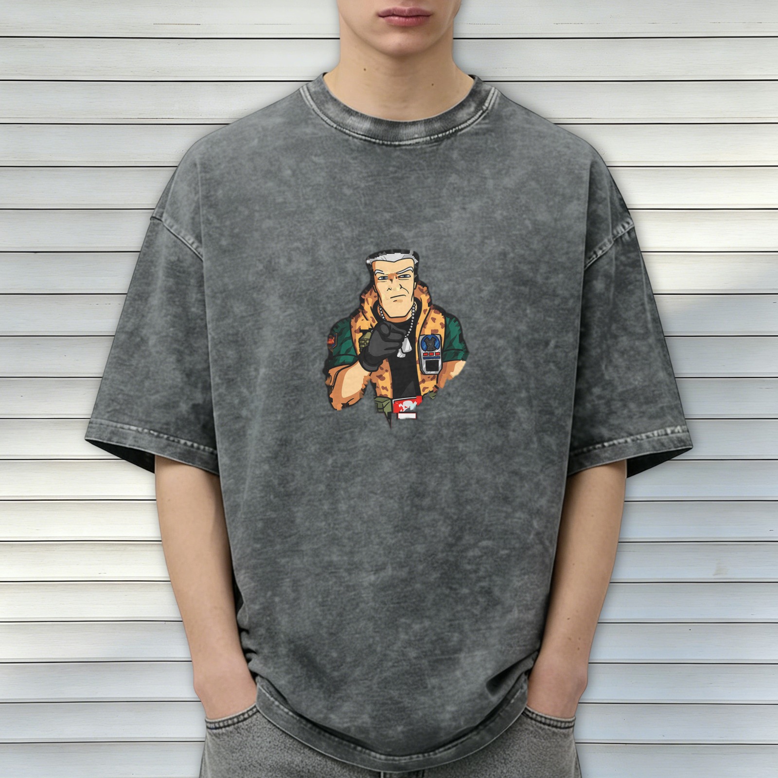 Oversized acid wash graphic t-shirt with cartoon military character print