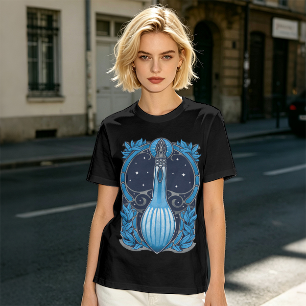 Olive T-Shirt With Art Nouveau Celestial Lute Graphic Print