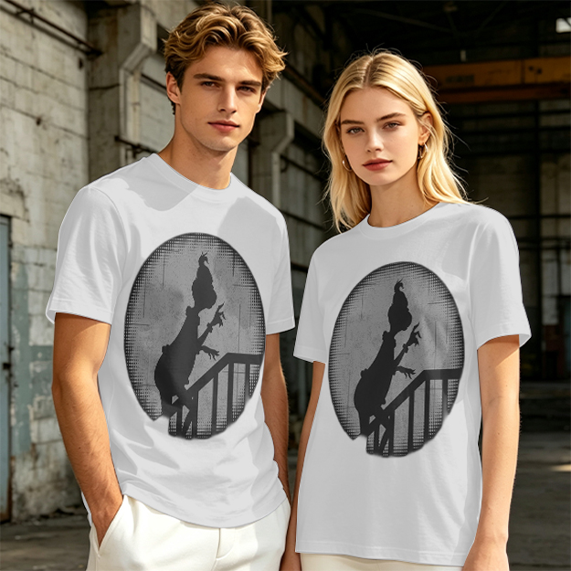 Olive Green T-Shirt With Grinch Silhouette On Staircase Print