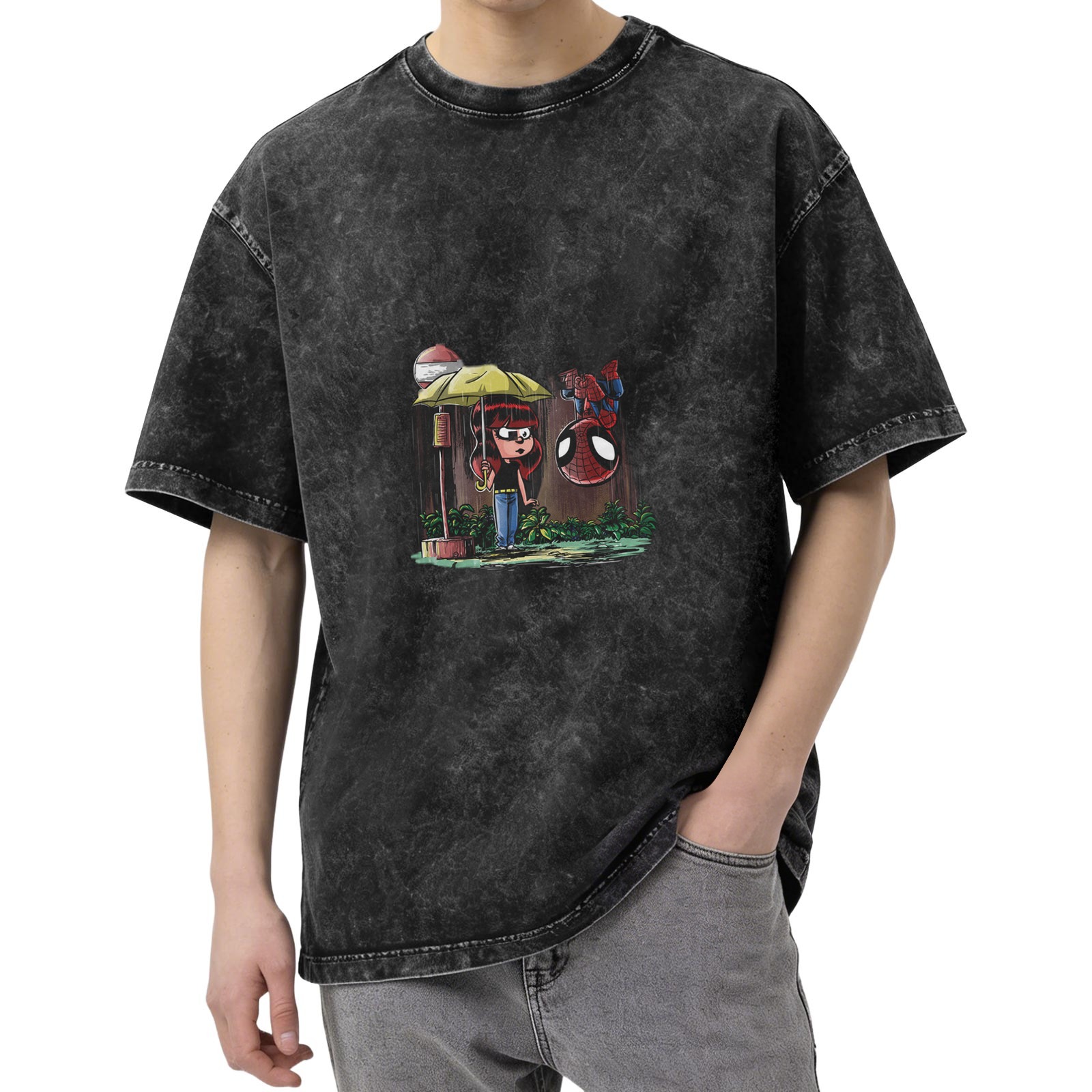 Washed black oversized t-shirt with Spider-Man and girl umbrella graphic