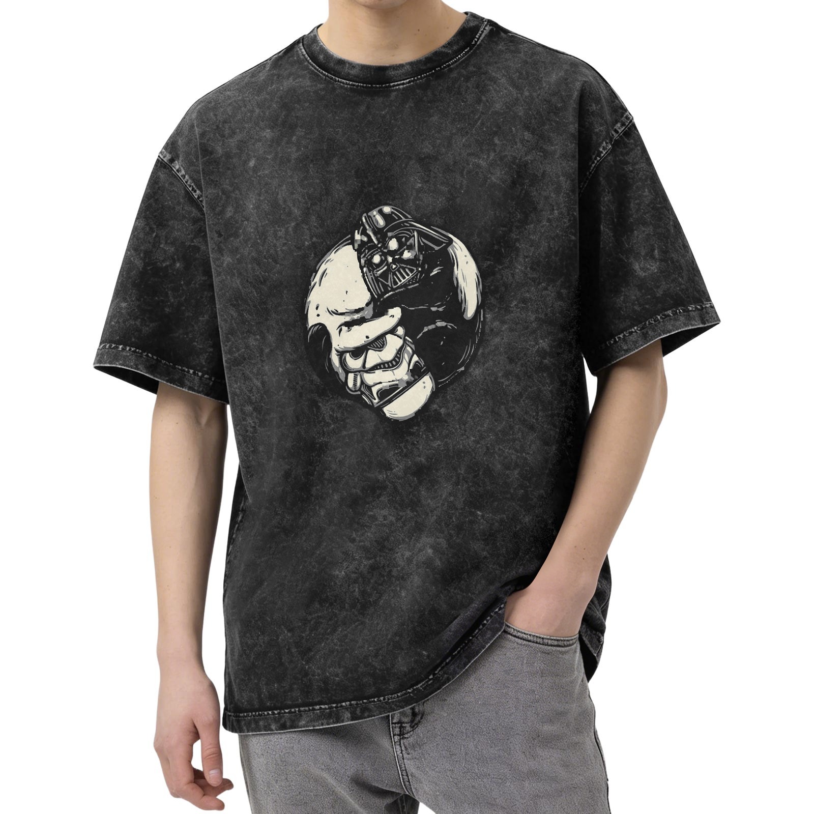 Washed Black Oversized T-Shirt with Split Darth Vader Skull Graphic
