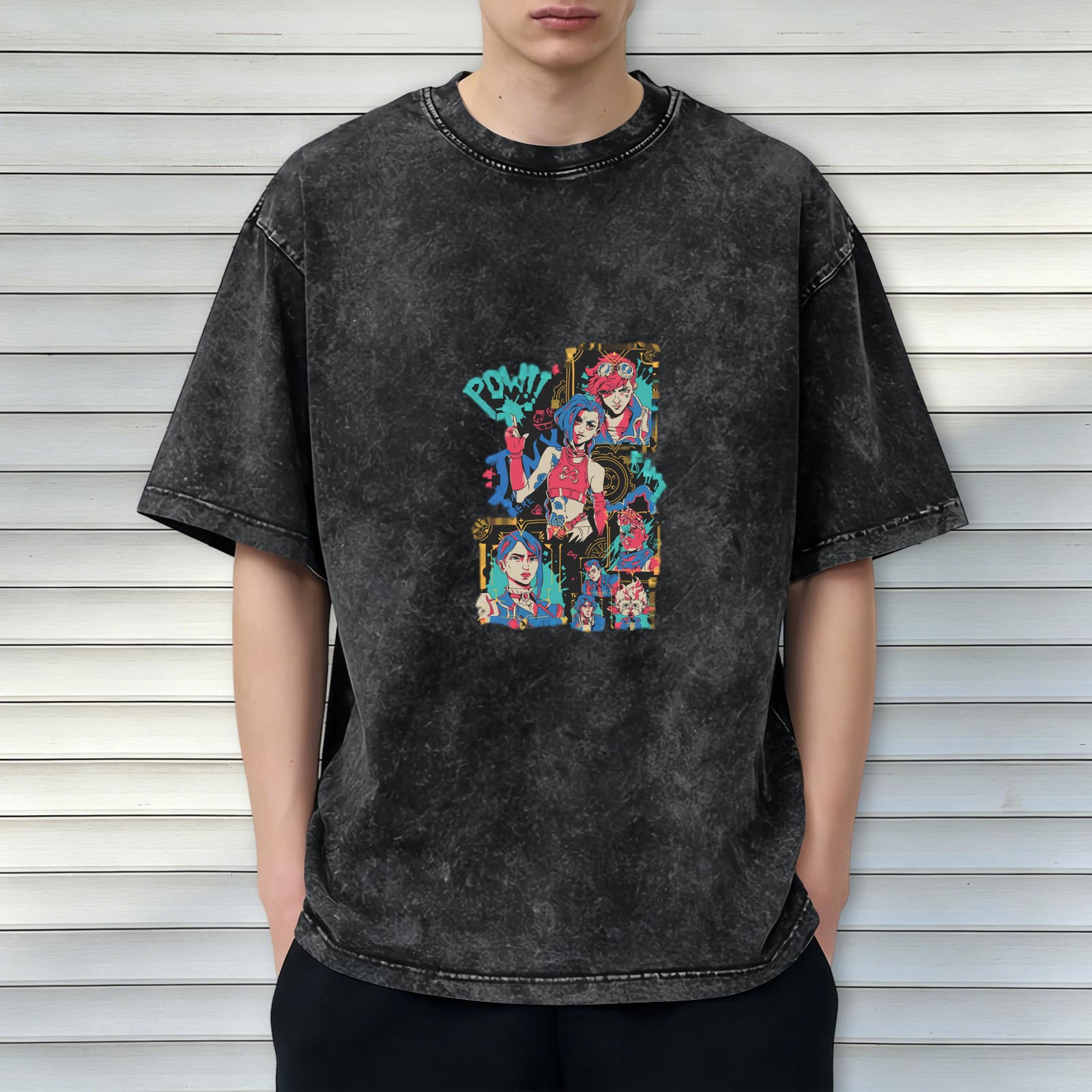 Arcane Jinx and Vi Graphic Washed Black Oversized T-Shirt
