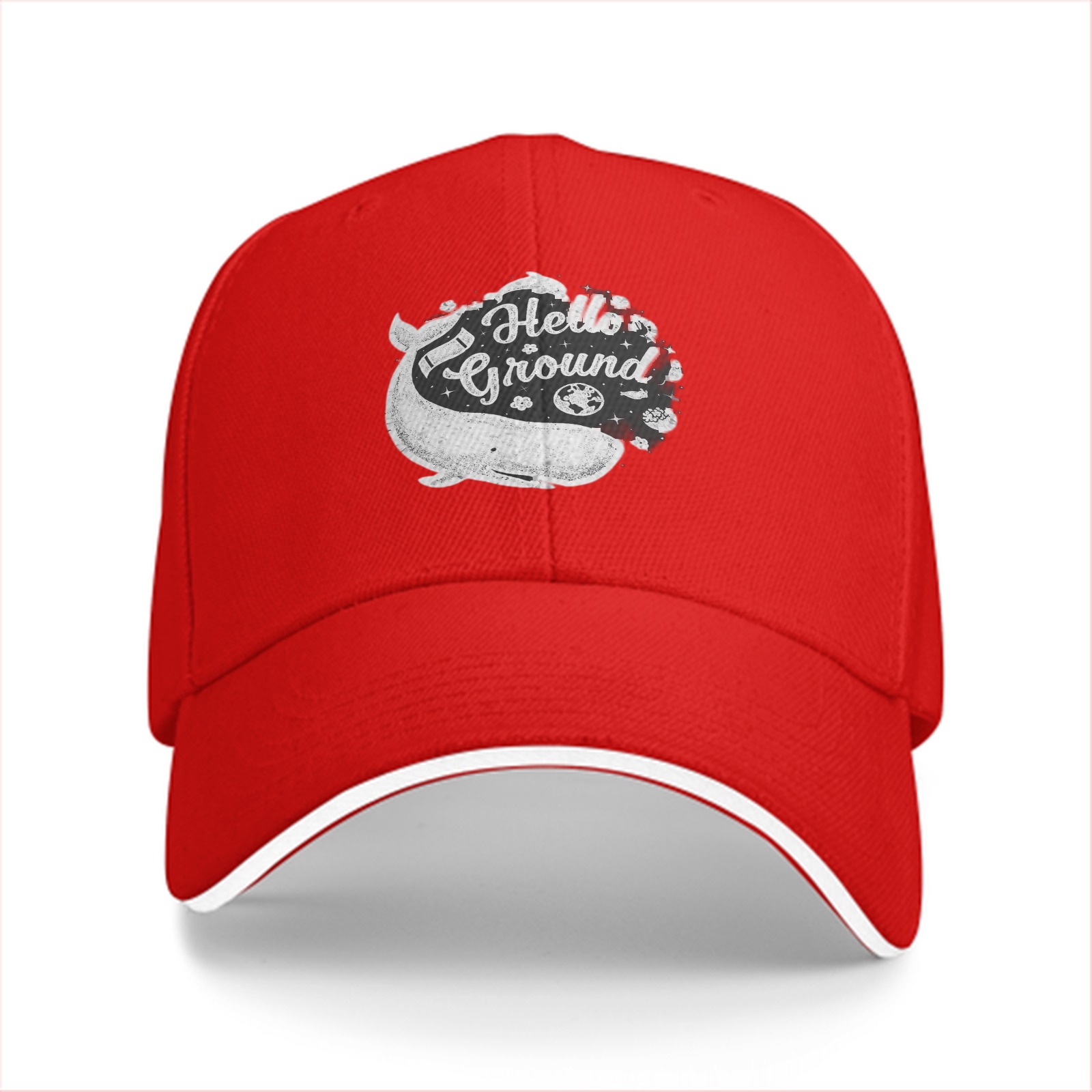 Black baseball cap with Hello Ground whale graphic print