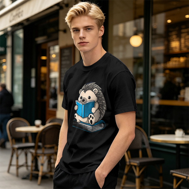 Olive T-shirt with Cute Hedgehog Reading a Book Graphic