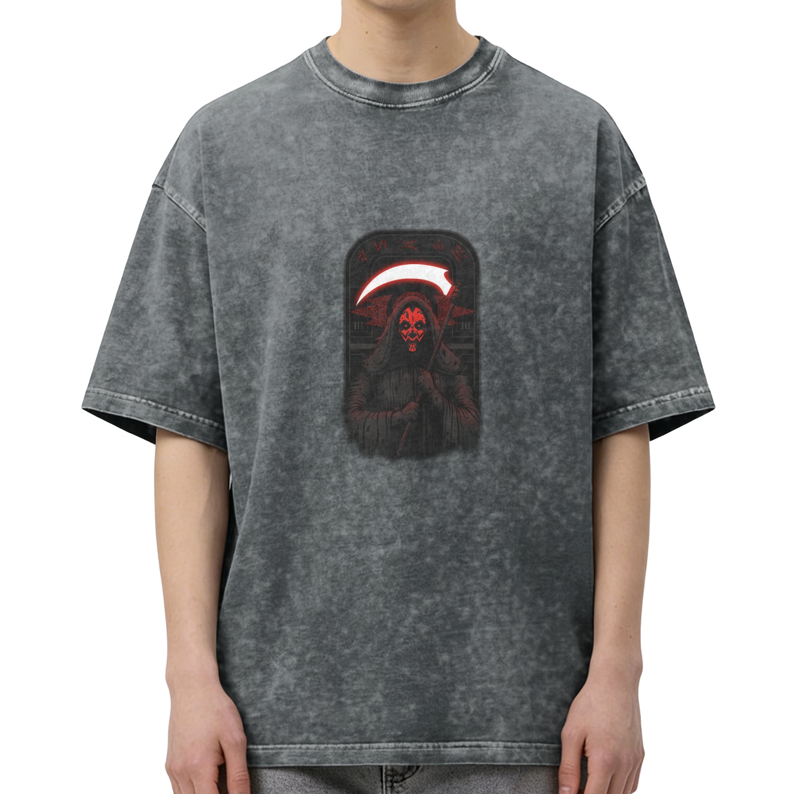 Oversized Acid Wash T-Shirt With Red Grim Reaper Graphic