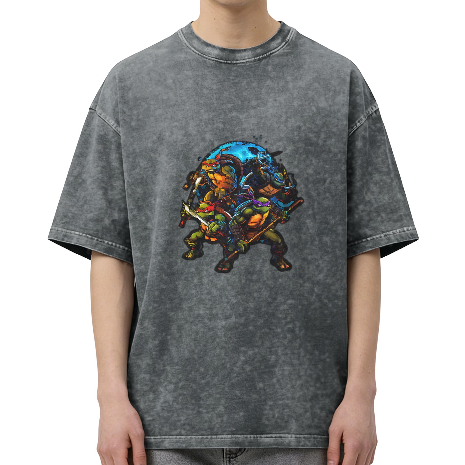 Oversized Dark Wash T-Shirt with Teenage Mutant Ninja Turtles Graphic