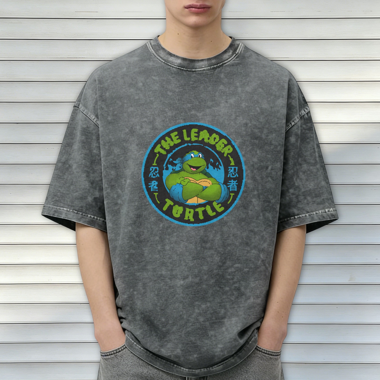 Washed black t-shirt with Teenage Mutant Ninja Turtles leader graphic