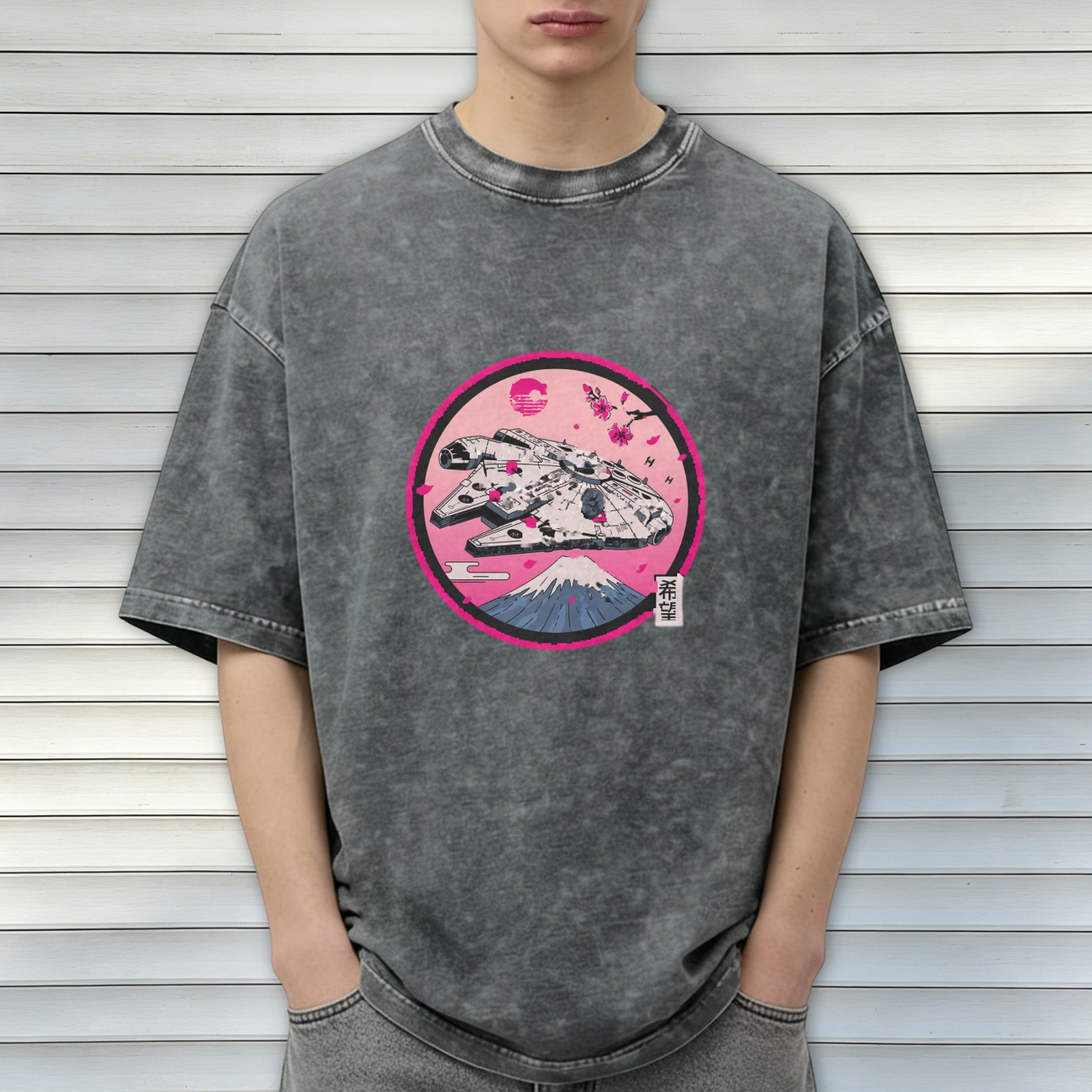 Star Wars Millennium Falcon Japanese Sakura Mount Fuji Acid Wash Oversized T-Shirt