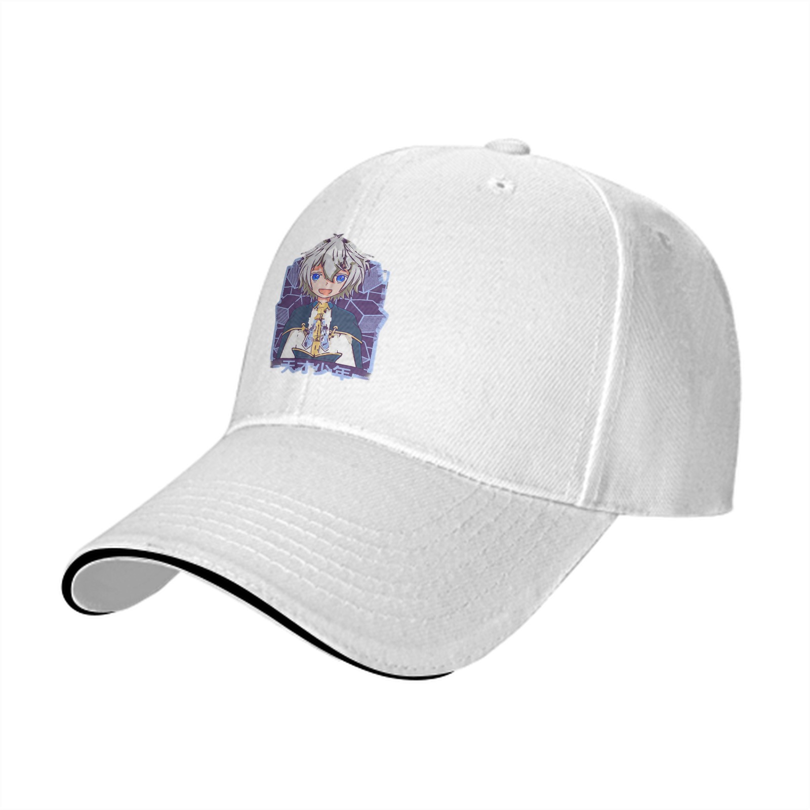 Black Anime Graphic Baseball Cap With Smiling Silver-Haired Character