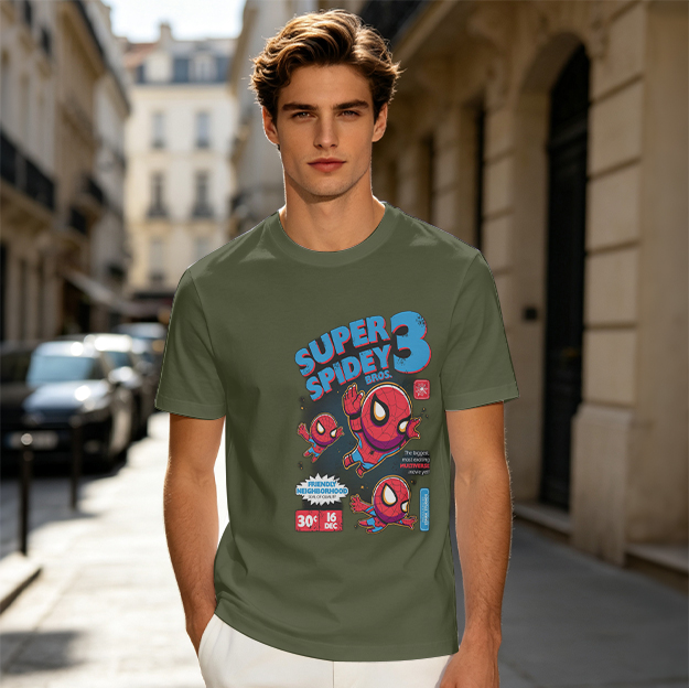 Olive T-shirt with Super Spidey 3 Chibi Spider-Man Graphic