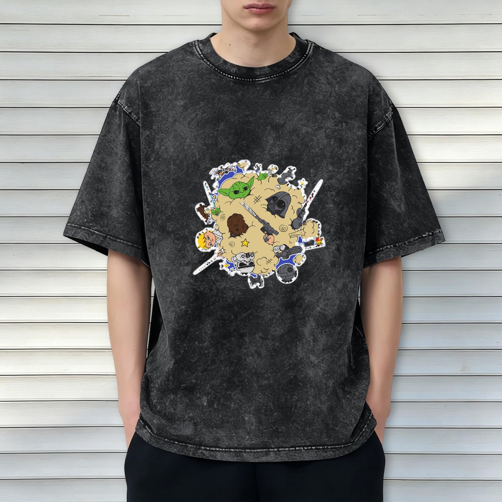 Washed Black T-Shirt With Cute Star Wars Character Collage Print
