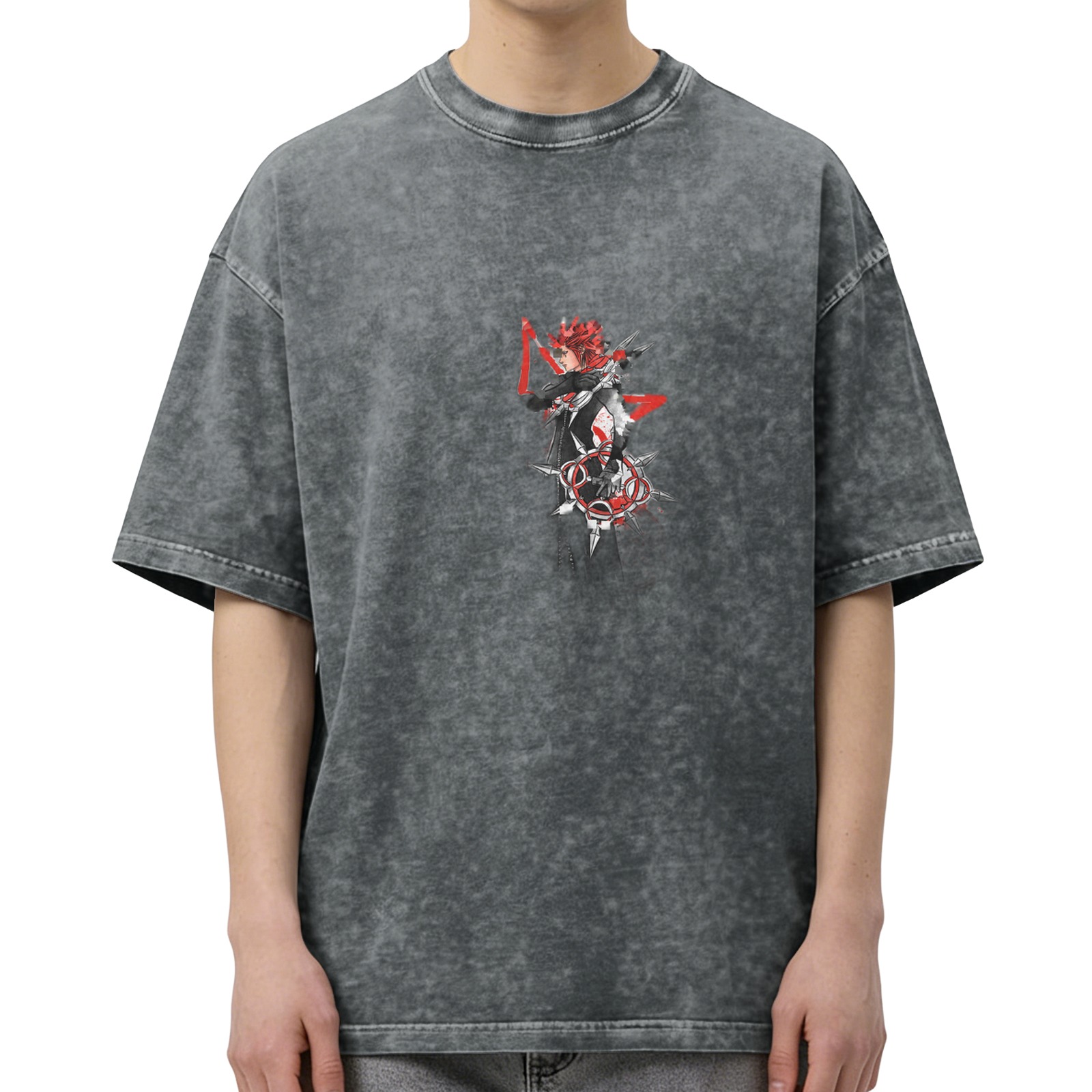 Oversized Acid Wash Graphic T-Shirt with Anime Character Print