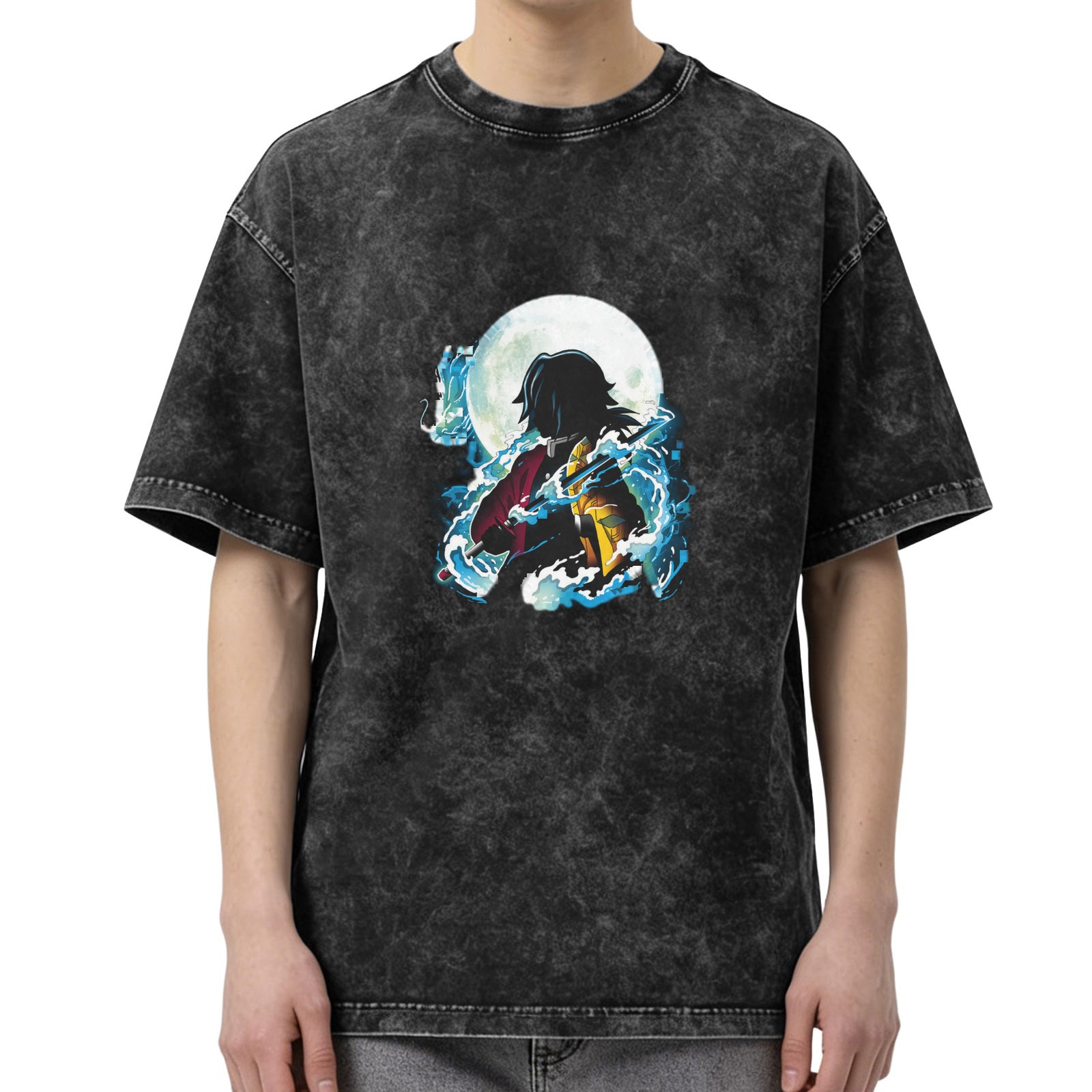 Demon Slayer: Kimetsu no Yaiba Tomioka Giyuu themed washed and distressed loose short-sleeved T-shirt