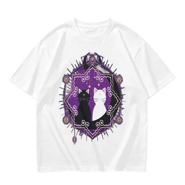 Olive T-Shirt With Celestial Black And White Cat Graphic