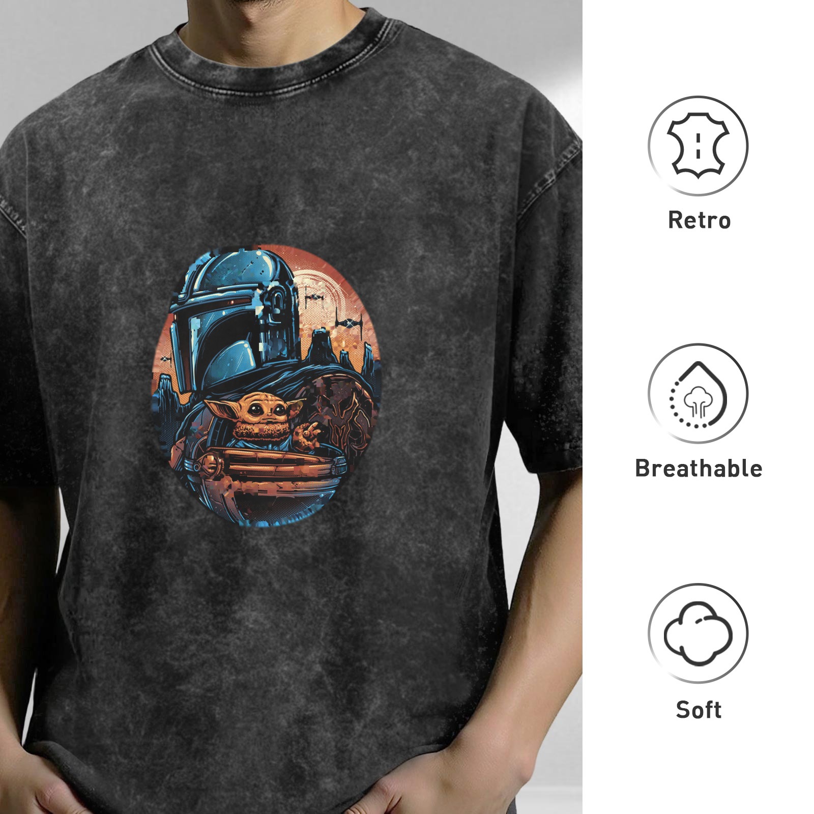 Star Wars The Mandalorian and Grogu Graphic Black Wash T-Shirt