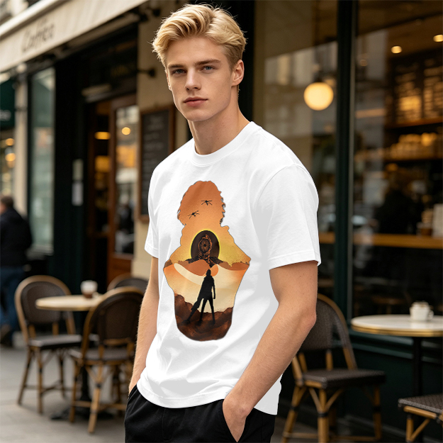 Olive Green T-Shirt With Desert Sunset Silhouette Graphic