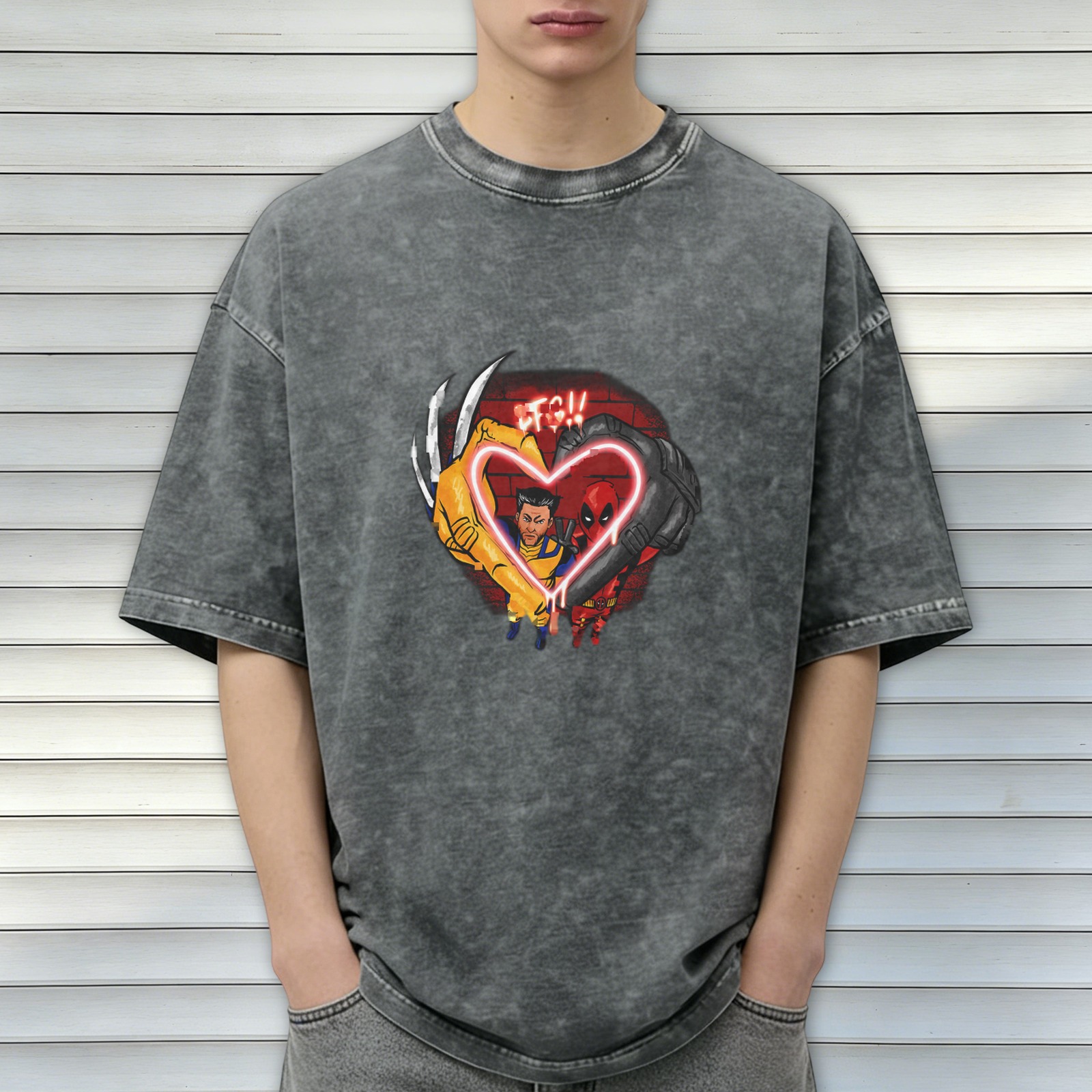 Wolverine and Deadpool Heart Neon Graphic T-Shirt