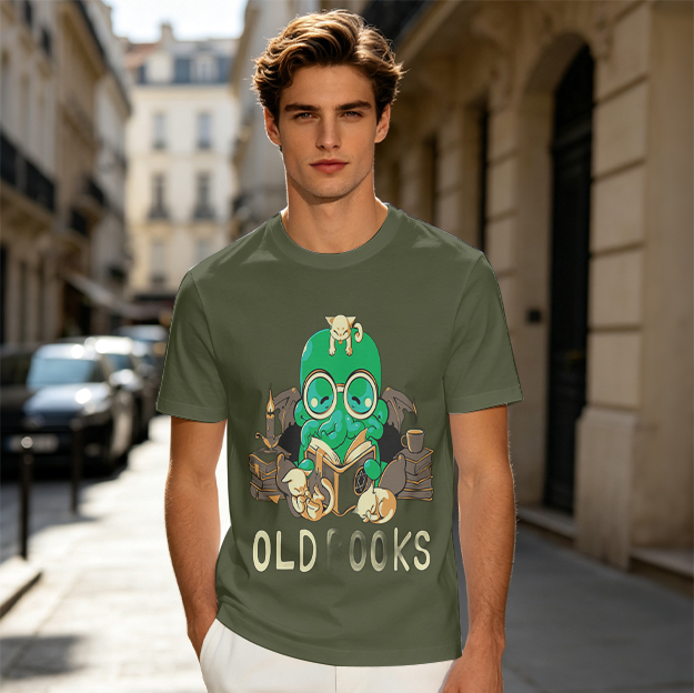 Olive T-Shirt with Cute Green Octopus Reading Old Books and Cats