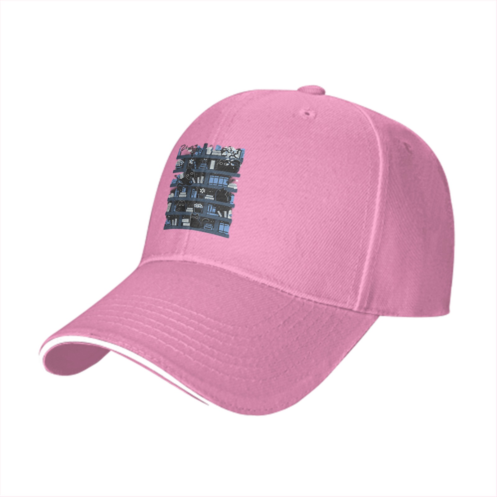 Black Baseball Cap With Bookshelf And Black Cat Graphic