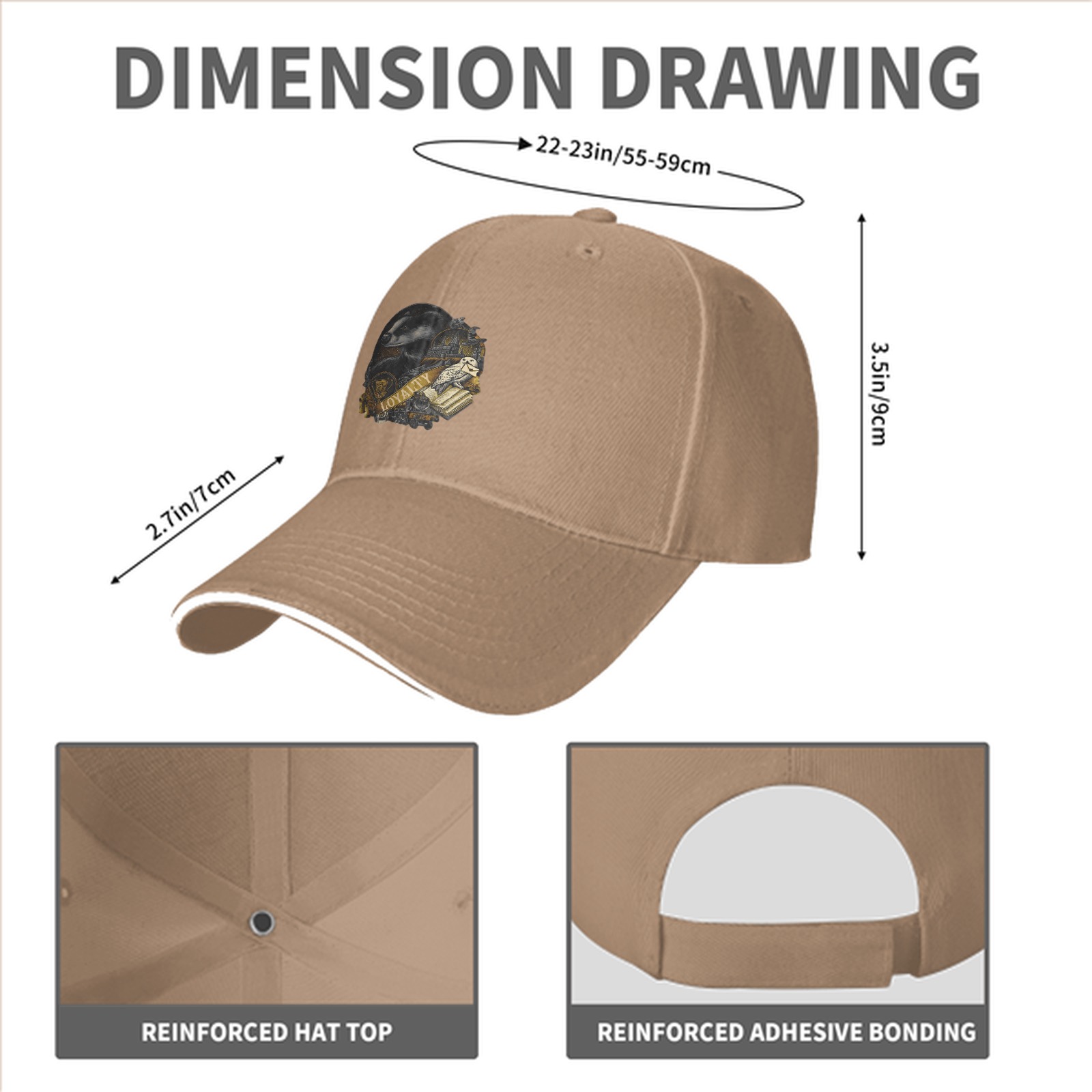 Black baseball cap with Hufflepuff loyalty badger crest print