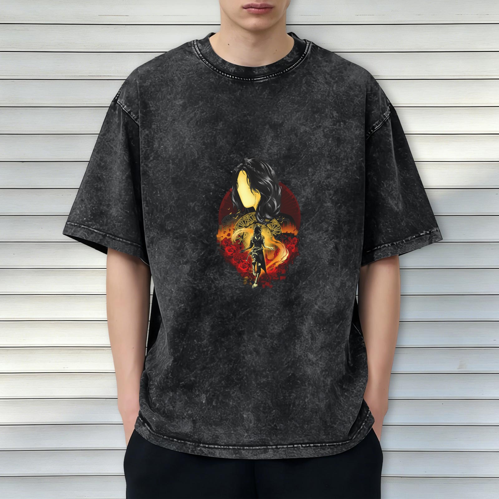 oversized acid wash graphic t-shirt with fantasy warrior woman print