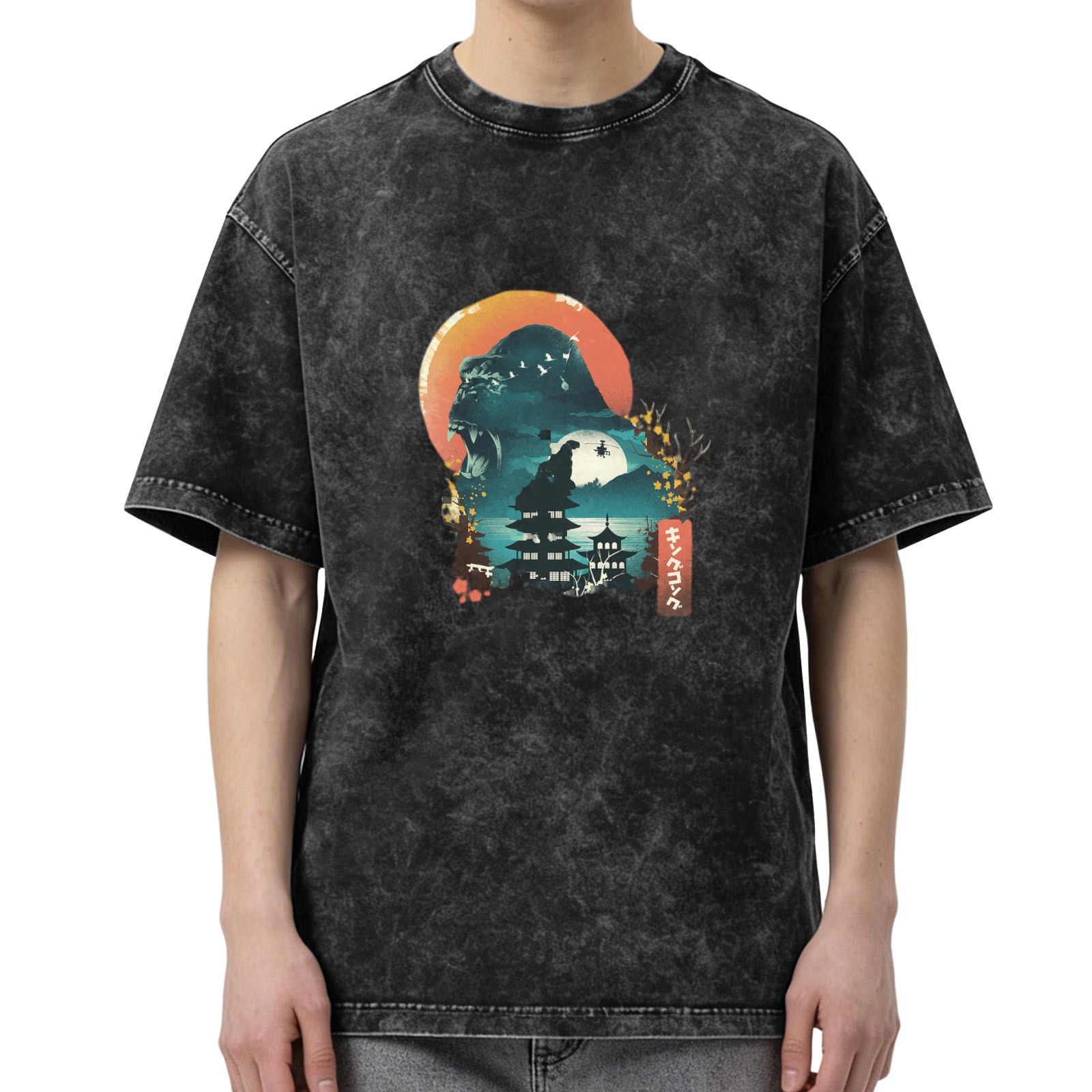Washed Black Oversized T-Shirt with Japanese Monster Sunset Graphic