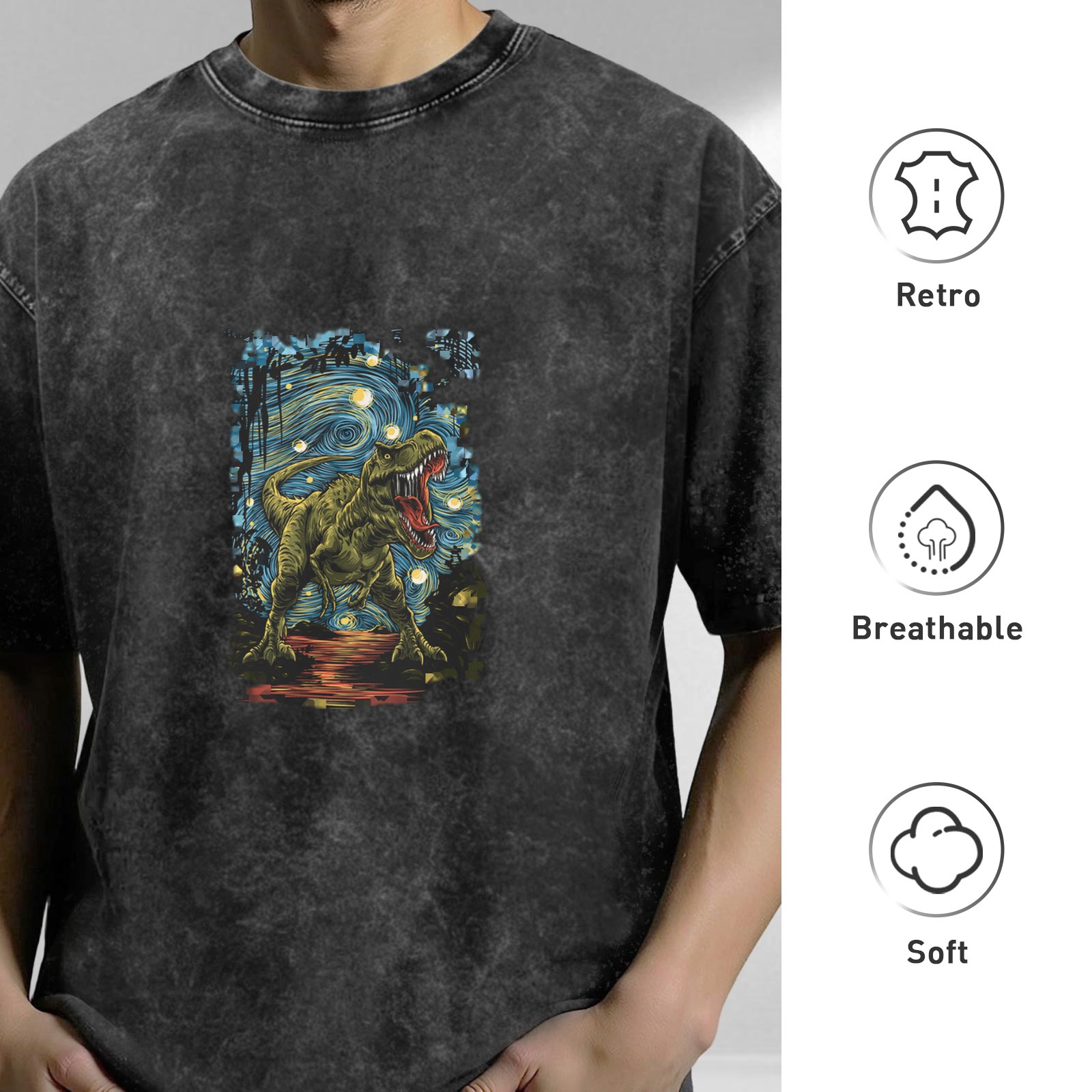 Washed Black T-Shirt with T-Rex Starry Night Graphic Print
