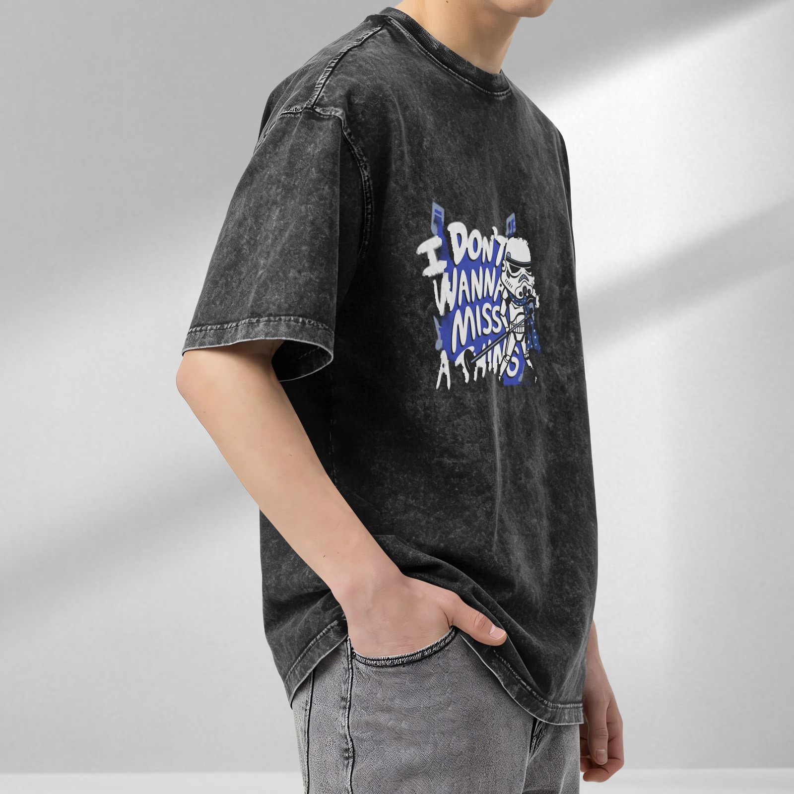 Washed Black T-Shirt With Stormtrooper Singer Graphic and I Don't Wanna Miss A Thing Text