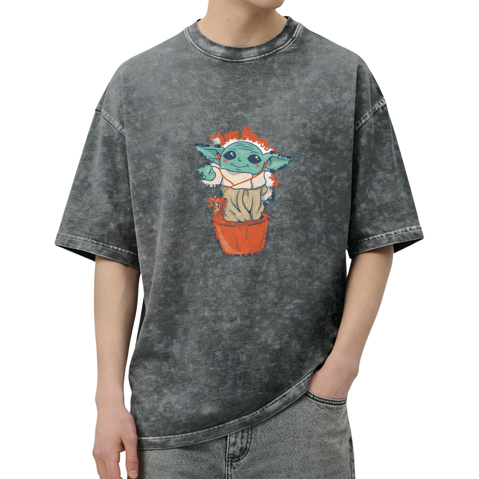 Baby Yoda Christmas Graphic Dark Wash T-Shirt