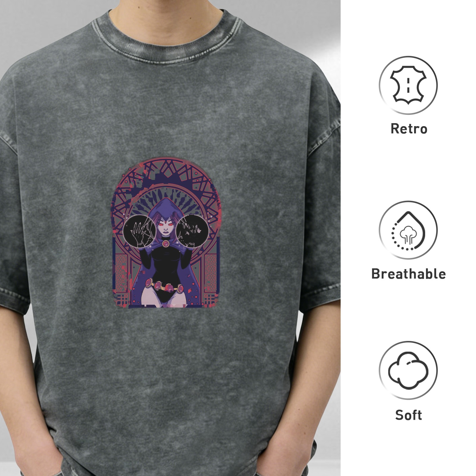 Distressed washed black loose short-sleeved T-shirt Anime character print on the chest Casual crew neck top